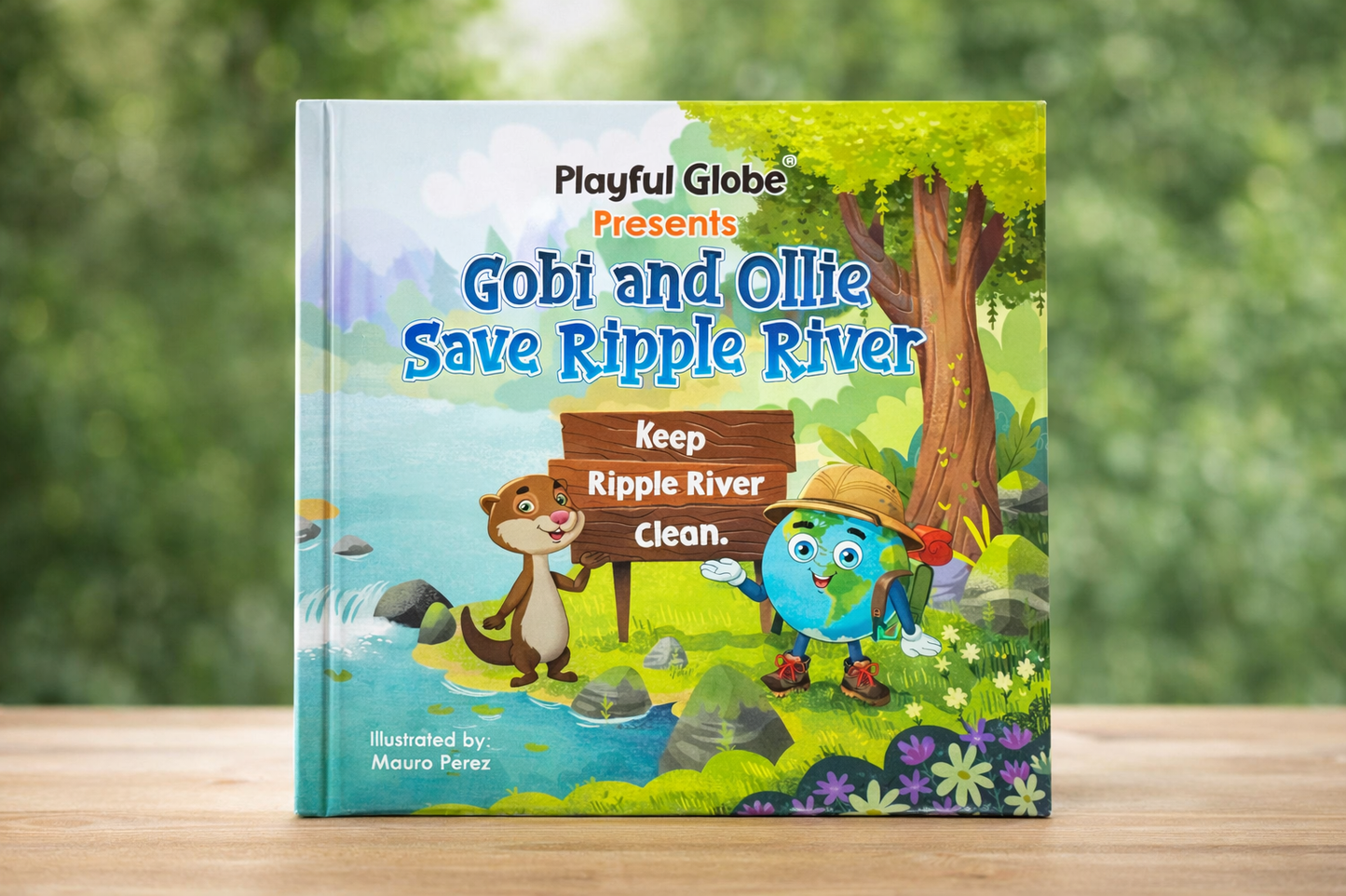 Children's book titled 'Gobi and Ollie Save Ripple River' on a wooden surface with a blurred green background.