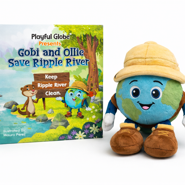 Children's book titled 'Gobi and Ollie Save Ripple River' with a plush toy of a planet character on a white background