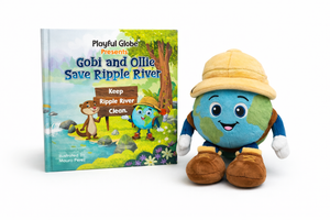 Children's book titled 'Gobi and Ollie Save Ripple River' with a plush toy of a planet character on a white background