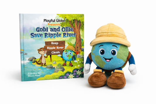 Children's book titled 'Gobi and Ollie Save Ripple River' with a plush toy of a planet character on a white background