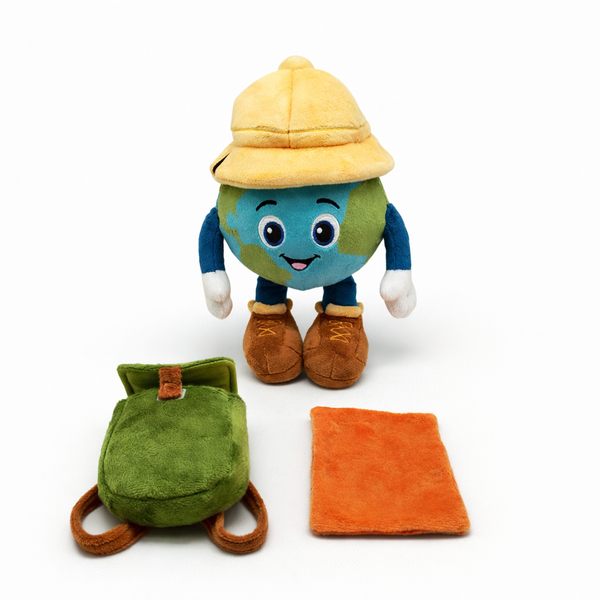 Plush toy character with a yellow hat, green backpack, and orange pouch on a white background