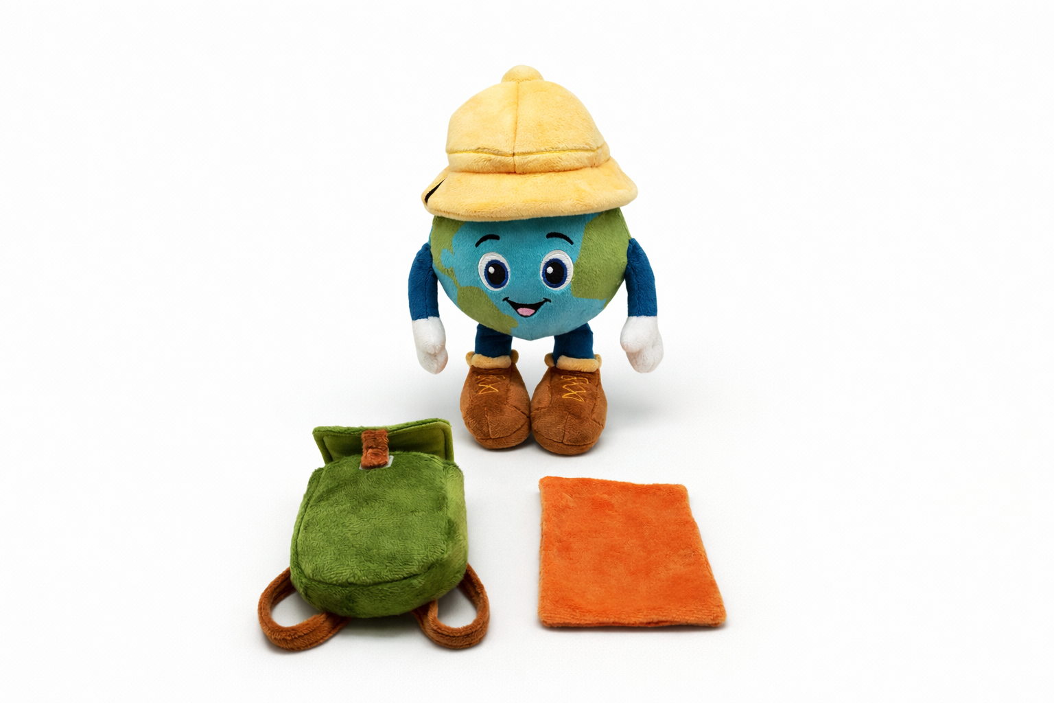 Plush toy character with a yellow hat, green backpack, and orange pouch on a white background