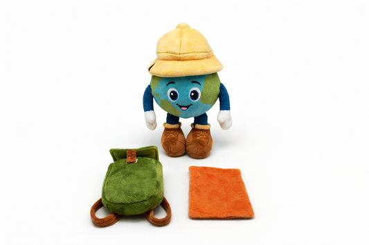 Plush toy character with a yellow hat, green backpack, and orange pouch on a white background