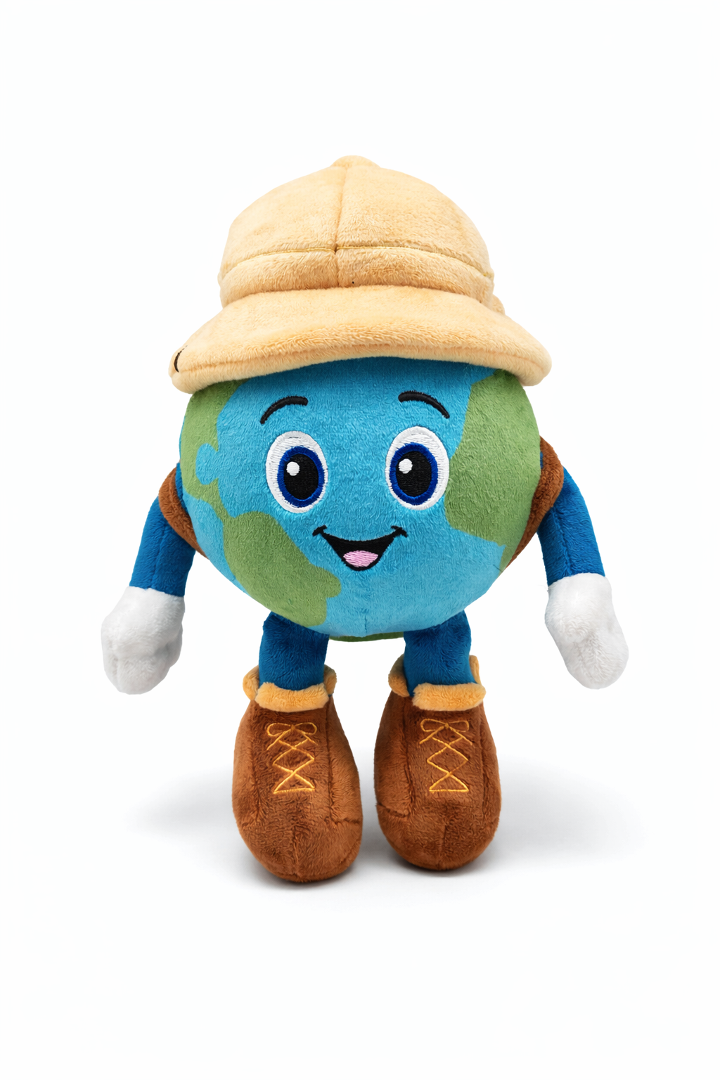 Plush toy resembling a globe with a hat and boots on a white background
