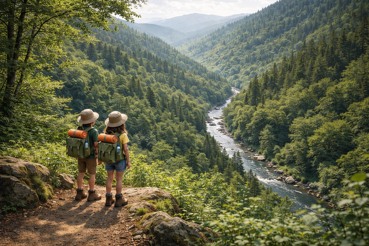 Two kid hikers with backpacks overlooking a river and forested valley.
