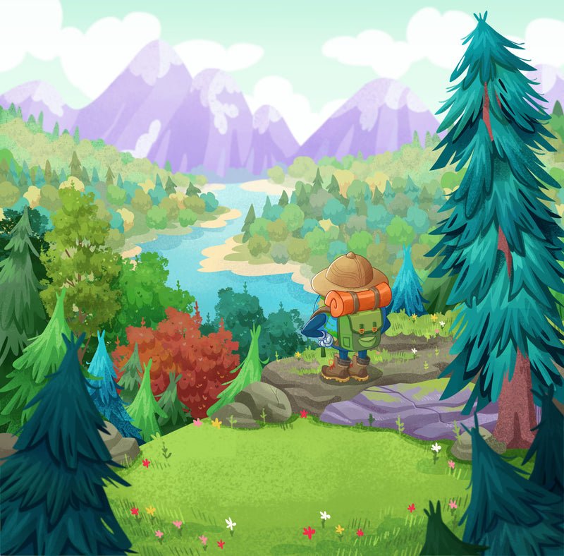  Cartoon character with a backpack in a forest with mountains in the background